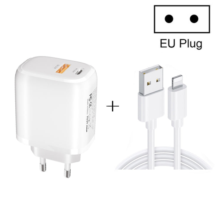 CS-20W Mini Portable PD3.0 + QC3.0 Dual Ports Fast Charger with 3A USB to 8 Pin Data Cable(EU Plug) - USB Charger by PMC TechLife | Online Shopping South Africa | PMC TechLife | Buy Now Pay Later Mobicred