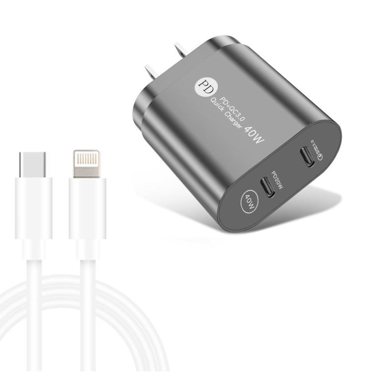 002 40W Dual Port PD / Type-C Fast Charger with USB-C to 8 Pin Data Cable, US Plug(Black) - USB Charger by PMC TechLife | Online Shopping South Africa | PMC TechLife | Buy Now Pay Later Mobicred