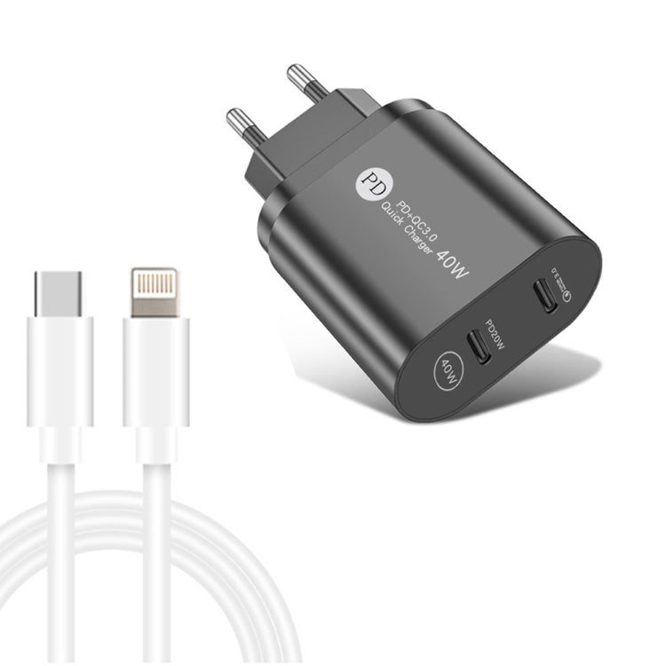 002 40W Dual Port PD / Type-C Fast Charger with USB-C to 8 Pin Data Cable, EU Plug(Black) - free shipping - PMC TechLife - Order now!
