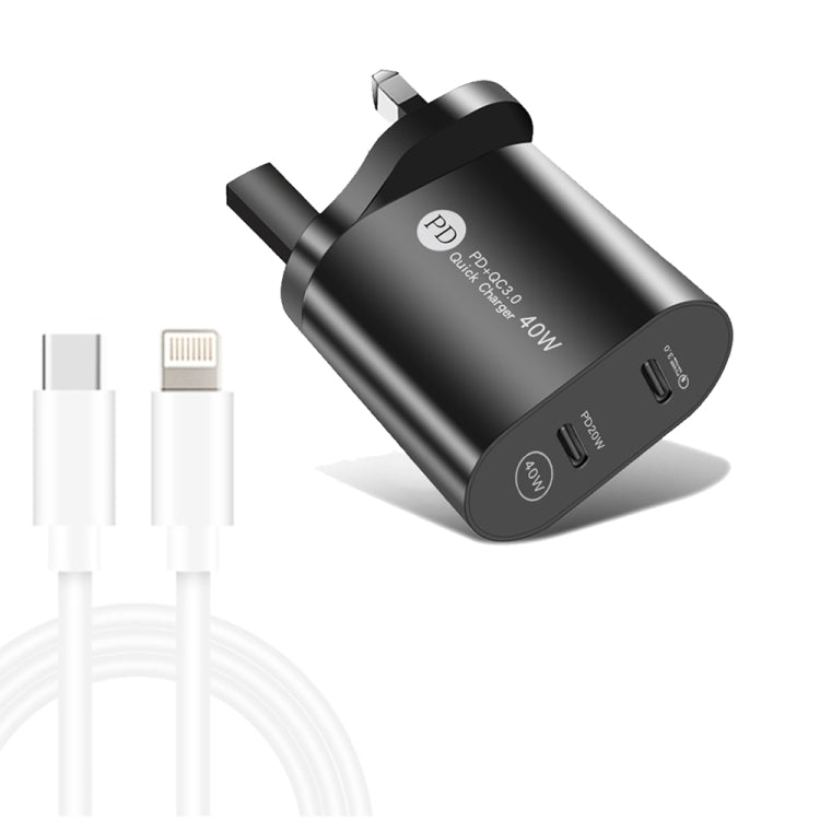 002 40W Dual Port PD / Type-C Fast Charger with USB-C to 8 Pin Data Cable, UK Plug(Black) - USB Charger by PMC TechLife | Online Shopping South Africa | PMC TechLife | Buy Now Pay Later Mobicred