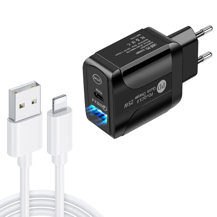 PD25W USB-C / Type-C + QC3.0 USB Dual Ports Fast Charger with USB to 8 Pin Data Cable, EU Plug(Black) - USB Charger by PMC TechLife | Online Shopping South Africa | PMC TechLife | Buy Now Pay Later Mobicred