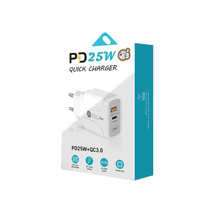 PD25W USB-C / Type-C + QC3.0 USB Dual Ports Fast Charger with USB to 8 Pin Data Cable, EU Plug(Black) - USB Charger by PMC TechLife | Online Shopping South Africa | PMC TechLife | Buy Now Pay Later Mobicred