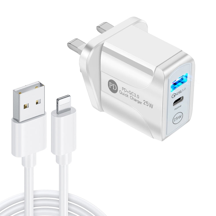 PD25W USB-C / Type-C + QC3.0 USB Dual Ports Fast Charger with USB to 8 Pin Data Cable, UK Plug(White) - USB Charger by PMC TechLife | Online Shopping South Africa | PMC TechLife | Buy Now Pay Later Mobicred