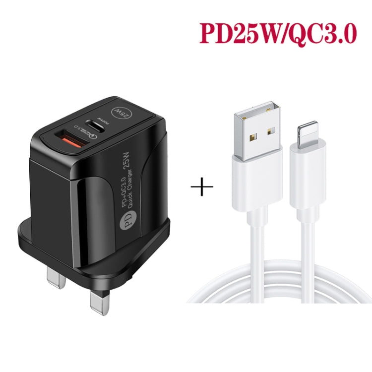 PD25W USB-C / Type-C + QC3.0 USB Dual Ports Fast Charger with USB to 8 Pin Data Cable, UK Plug(Black) - free shipping - PMC TechLife - Order now!