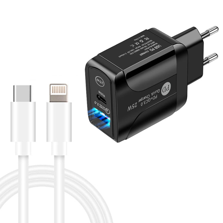 PD25W USB-C / Type-C + QC3.0 USB Dual Ports Fast Charger with USB-C to 8 Pin Data Cable, EU Plug(Black) - USB Charger by PMC TechLife | Online Shopping South Africa | PMC TechLife | Buy Now Pay Later Mobicred
