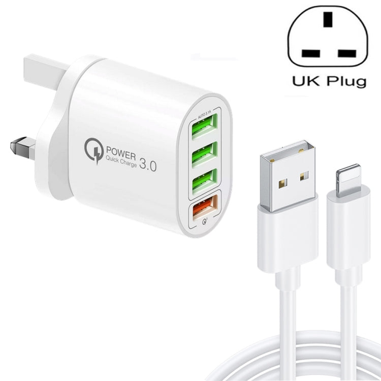 QC-04 QC3.0 + 3 x USB2.0 Multi-ports Charger with 3A USB to 8 Pin Data Cable, UK Plug(White) - USB Charger by PMC TechLife | Online Shopping South Africa | PMC TechLife | Buy Now Pay Later Mobicred