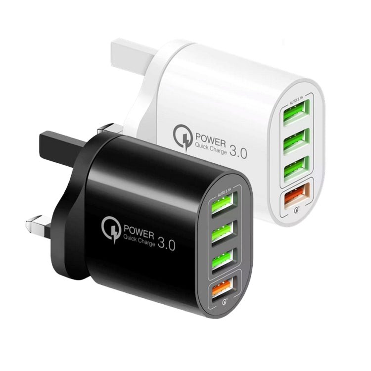 QC-04 QC3.0 + 3 x USB2.0 Multi-ports Charger with 3A USB to 8 Pin Data Cable, UK Plug(White) - USB Charger by PMC TechLife | Online Shopping South Africa | PMC TechLife | Buy Now Pay Later Mobicred