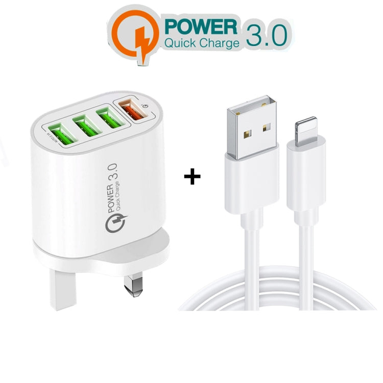 QC-04 QC3.0 + 3 x USB2.0 Multi-ports Charger with 3A USB to 8 Pin Data Cable, UK Plug(Black) - USB Charger by PMC TechLife | Online Shopping South Africa | PMC TechLife