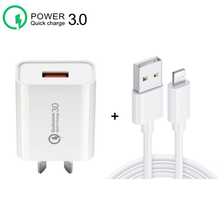 CA-25 QC3.0 USB 3A Fast Charger with USB to 8 Pin Data Cable, AU Plug(White) - USB Charger by PMC TechLife | Online Shopping South Africa | PMC TechLife | Buy Now Pay Later Mobicred