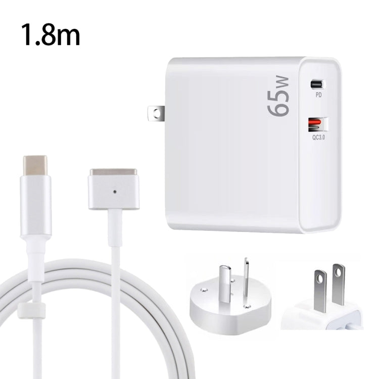 PD-65W USB-C / Type-C + QC3. 0 USB Laptop Charging Adapter + 1.8m USB-C / Type-C to MagSafe 2 / T Head Data Cable, AU Plug / US Plug(White) - Cable & Adapter by PMC TechLife | Online Shopping South Africa | PMC TechLife