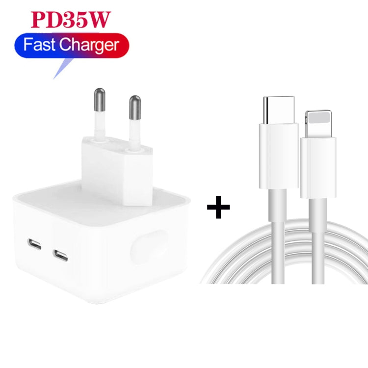 PD 35W Dual USB-C / Type-C Ports Charger with 1.5m Type-C to 8 Pin Data Cable, EU Plug - USB Charger by PMC Jewellery | Online Shopping South Africa | PMC Jewellery