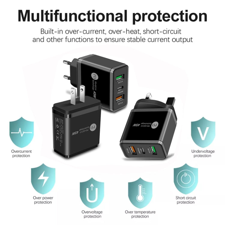 45W PD3.0 + 2 x QC3.0 USB Multi Port Charger with Type-C to Type-C Cable, EU Plug(Black) - free shipping - PMC TechLife - Order now!