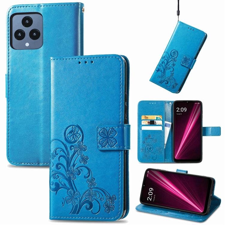 For T-Mobile REVVL 6 5G Four-leaf Clasp Embossed Buckle Leather Phone Case(Blue) - More Brand by PMC TechLife | Online Shopping South Africa | PMC TechLife