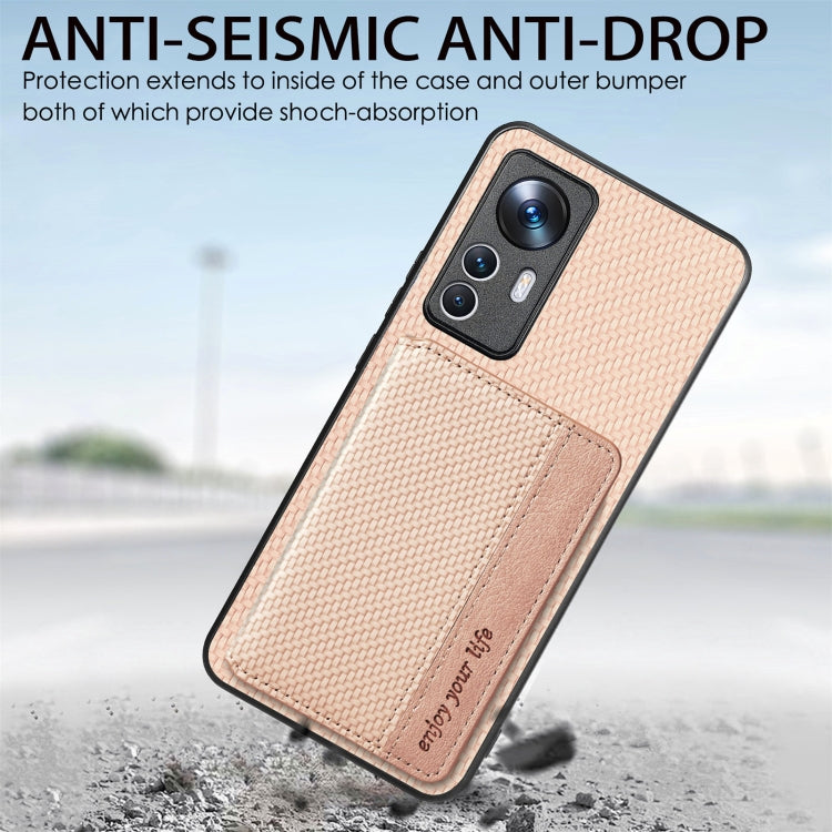 For Xiaomi 12T Carbon Fiber Magnetic Card Bag Phone Case(Khaki) - free shipping - PMC TechLife - Order now!