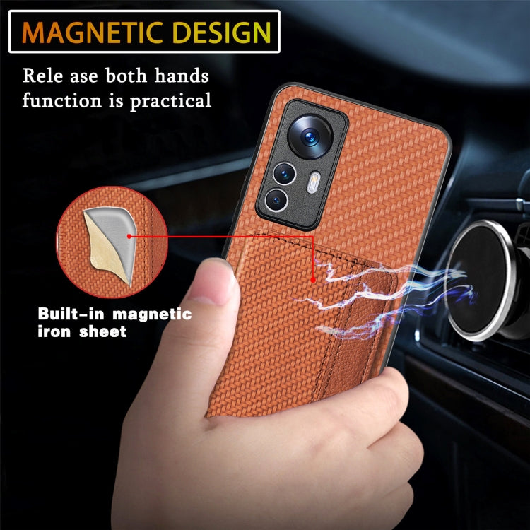 For Xiaomi 12T Carbon Fiber Magnetic Card Bag Phone Case(Khaki) - free shipping - PMC TechLife - Order now!