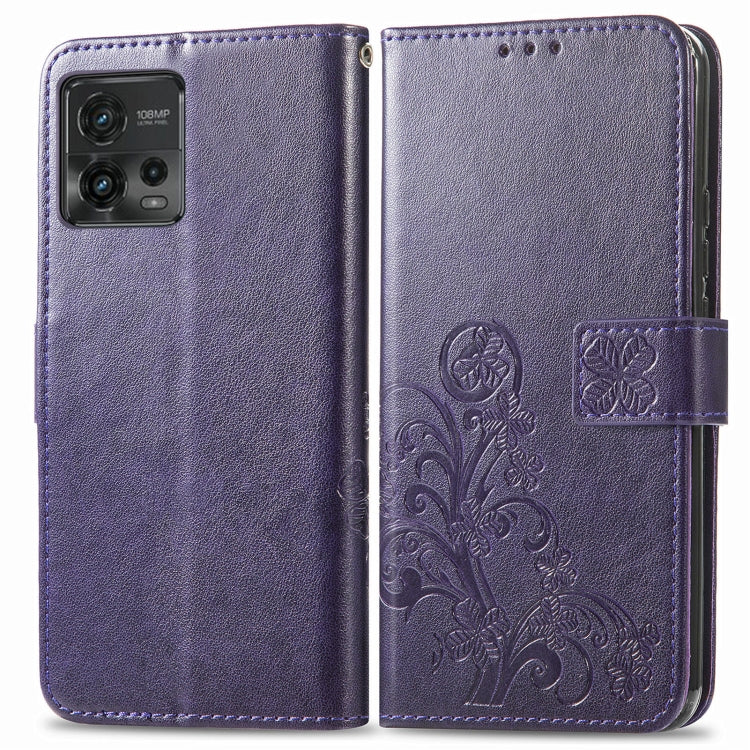 For Motorola Moto G72 Four-leaf Clasp Embossed Leather Phone Case(Purple) - Motorola Cases by PMC Jewellery | Online Shopping South Africa | PMC Jewellery