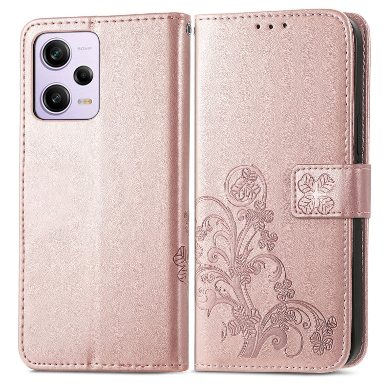 For Xiaomi Redmi Note 12 5G Global Four-leaf Clasp Embossed Buckle Leather Phone Case(Rose Gold) - free shipping - PMC TechLife - Order now!