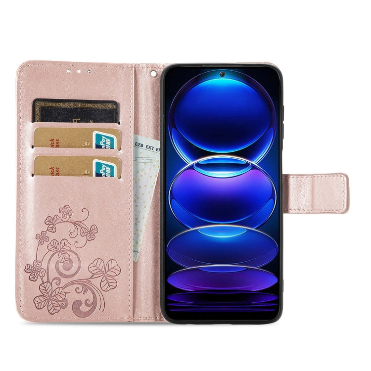 For Xiaomi Redmi Note 12 5G Global Four-leaf Clasp Embossed Buckle Leather Phone Case(Rose Gold) - free shipping - PMC TechLife - Order now!