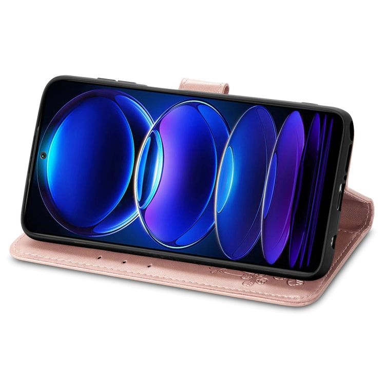 For Xiaomi Redmi Note 12 5G Global Four-leaf Clasp Embossed Buckle Leather Phone Case(Rose Gold) - free shipping - PMC TechLife - Order now!