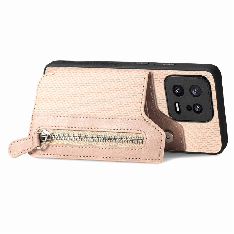For Xiaomi 13 Carbon Fiber Flip Zipper Wallet Phone Case(Khaki) - free shipping - PMC TechLife - Order now!