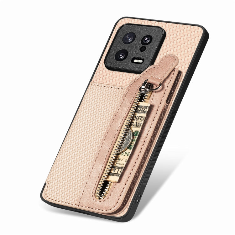 For Xiaomi 13 Carbon Fiber Flip Zipper Wallet Phone Case(Khaki) - free shipping - PMC TechLife - Order now!