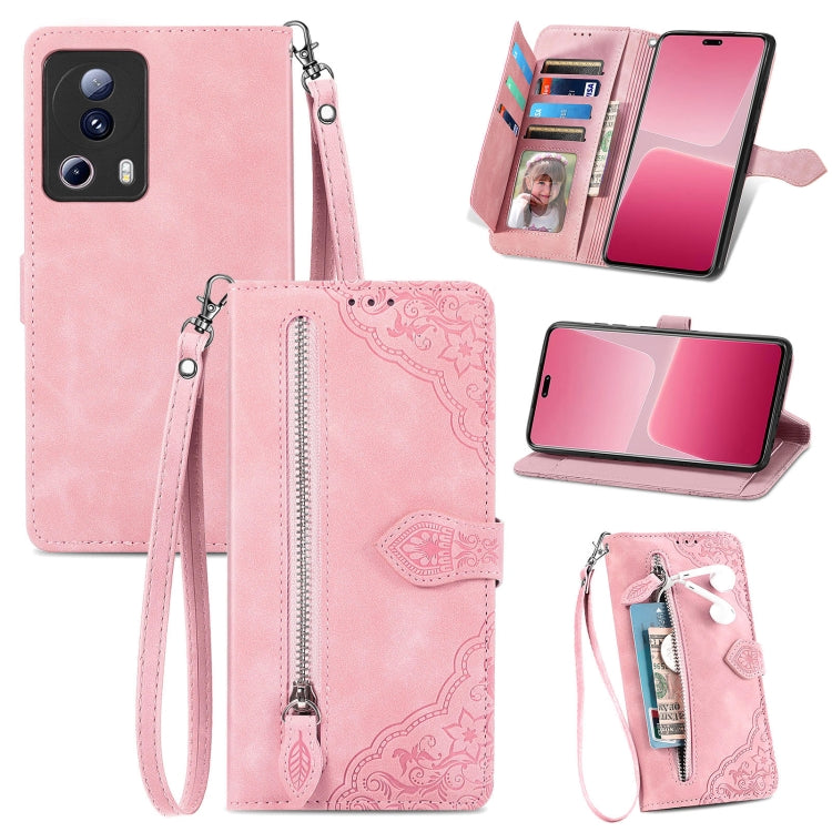 For Xiaomi 13 Lite Embossed Flower Zipper Leather Phone Case(Pink) - free shipping - PMC TechLife - Order now!