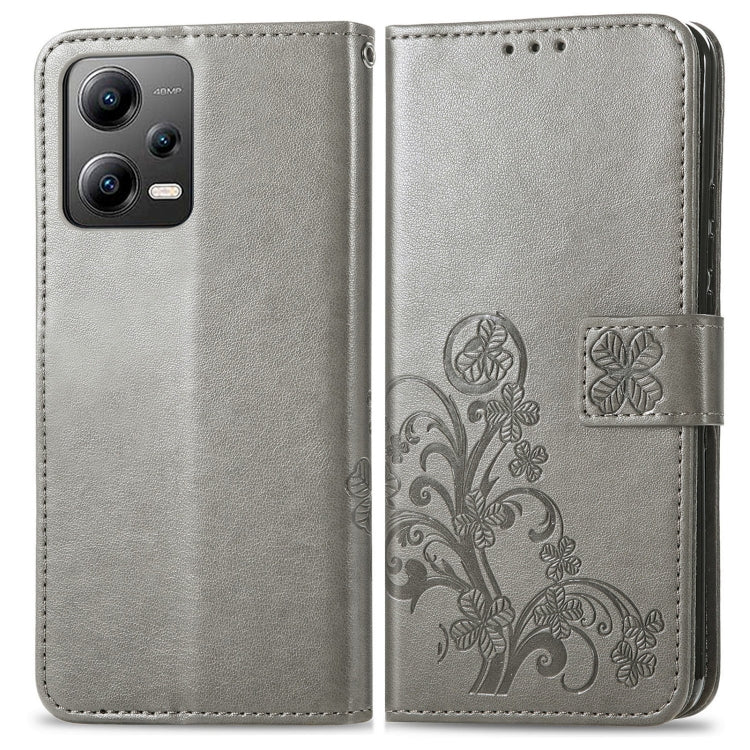For Xiaomi Poco X5 Four-leaf Clasp Embossed Leather Phone Case(Gray) - free shipping - PMC TechLife - Order now!