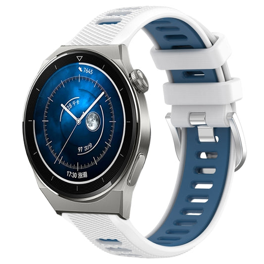 For Huawei Watch GT3 Pro 43mm 20mm Sports Two-Color Steel Buckle Silicone Watch Band(White+Blue) - Smart Wear by PMC Jewellery | Online Shopping South Africa | PMC Jewellery