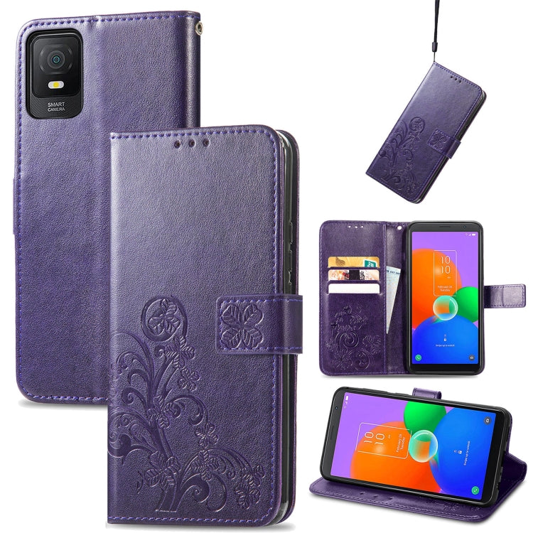 For TCL 403 Four-leaf Clasp Embossed Buckle Leather Phone Case(Purple) - free shipping - PMC TechLife - Order now!