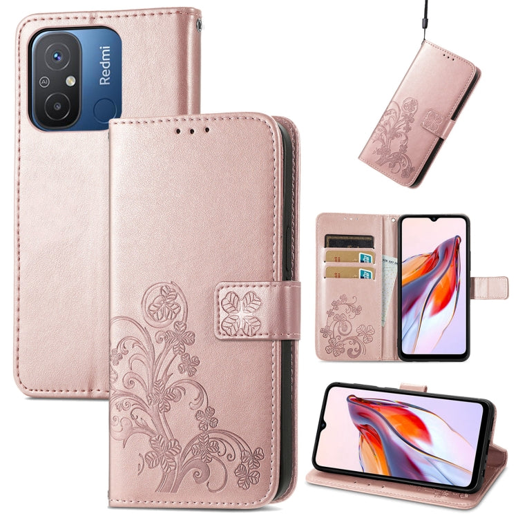 For Xiaomi Redmi 12C Four-leaf Clasp Embossed Buckle Leather Phone Case(Rose Gold) - free shipping - PMC TechLife - Order now!