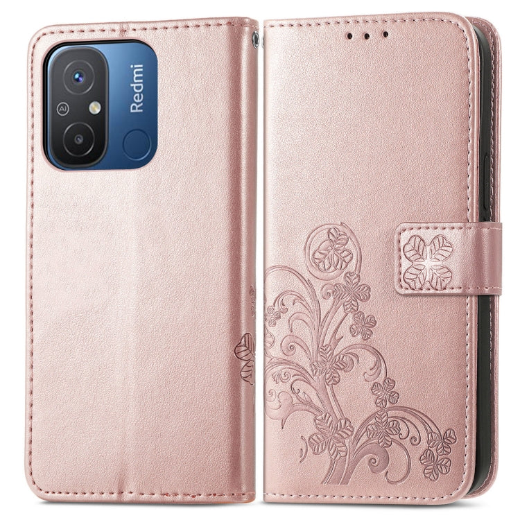 For Xiaomi Redmi 12C Four-leaf Clasp Embossed Buckle Leather Phone Case(Rose Gold) - free shipping - PMC TechLife - Order now!