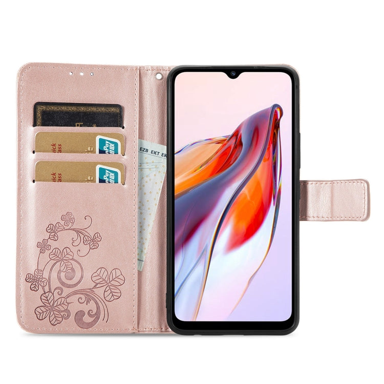 For Xiaomi Redmi 12C Four-leaf Clasp Embossed Buckle Leather Phone Case(Rose Gold) - free shipping - PMC TechLife - Order now!