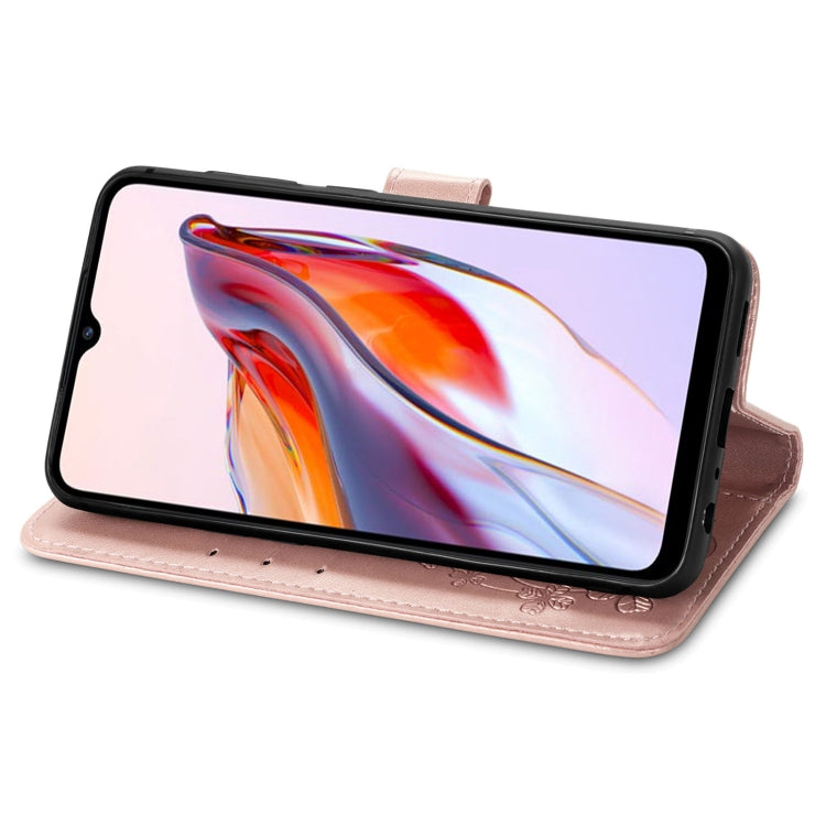 For Xiaomi Redmi 12C Four-leaf Clasp Embossed Buckle Leather Phone Case(Rose Gold) - free shipping - PMC TechLife - Order now!