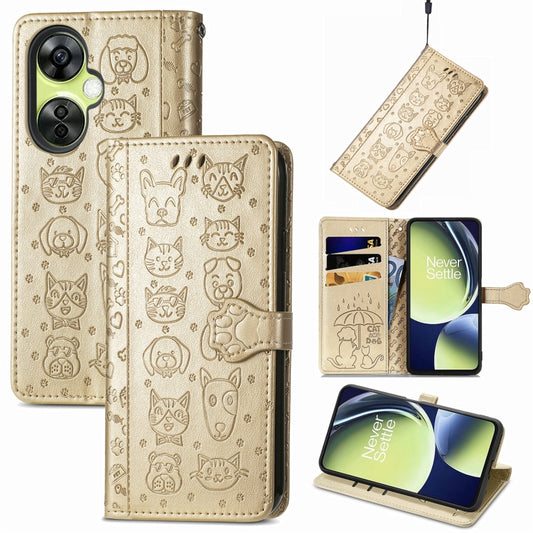 For OnePlus Nord CE 3 Lite Cat and Dog Embossed Leather Phone Case(Gold) - OnePlus Cases by PMC Jewellery | Online Shopping South Africa | PMC Jewellery