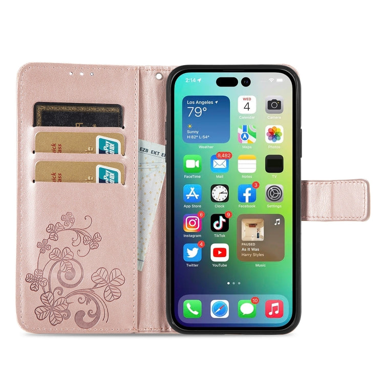 For iPhone 15 Four-leaf Clasp Embossed Buckle Leather Phone Case(Rose Gold) - iPhone 15 Cases by PMC Jewellery | Online Shopping South Africa | PMC Jewellery