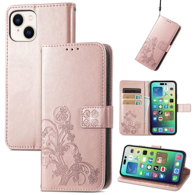 For iPhone 15 Plus Four-leaf Clasp Embossed Buckle Leather Phone Case(Rose Gold) - iPhone 15 Plus Cases by PMC TechLife | Online Shopping South Africa | PMC TechLife