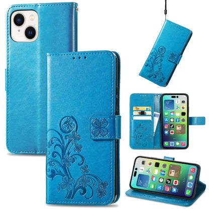 For iPhone 15 Plus Four-leaf Clasp Embossed Buckle Leather Phone Case(Blue) - iPhone 15 Plus Cases by PMC Jewellery | Online Shopping South Africa | PMC Jewellery