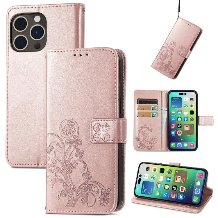 For iPhone 15 Pro Four-leaf Clasp Embossed Buckle Leather Phone Case(Rose Gold) - iPhone 15 Pro Cases by PMC TechLife | Online Shopping South Africa | PMC TechLife