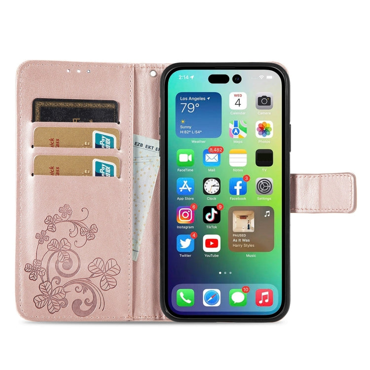 For iPhone 15 Pro Four-leaf Clasp Embossed Buckle Leather Phone Case(Rose Gold) - iPhone 15 Pro Cases by PMC TechLife | Online Shopping South Africa | PMC TechLife