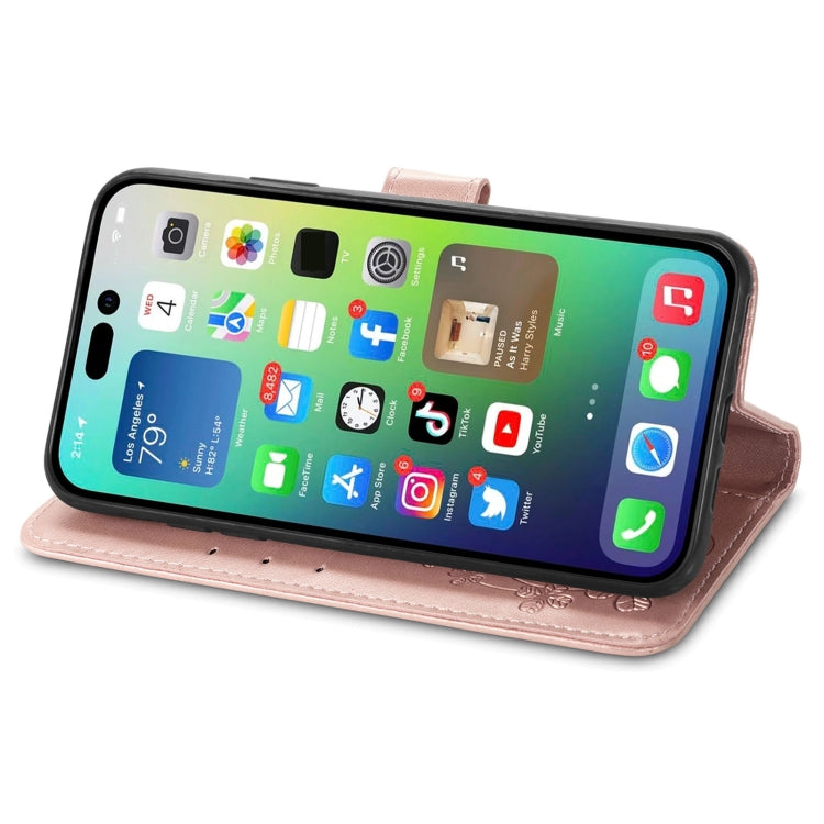 For iPhone 15 Pro Four-leaf Clasp Embossed Buckle Leather Phone Case(Rose Gold) - iPhone 15 Pro Cases by PMC TechLife | Online Shopping South Africa | PMC TechLife