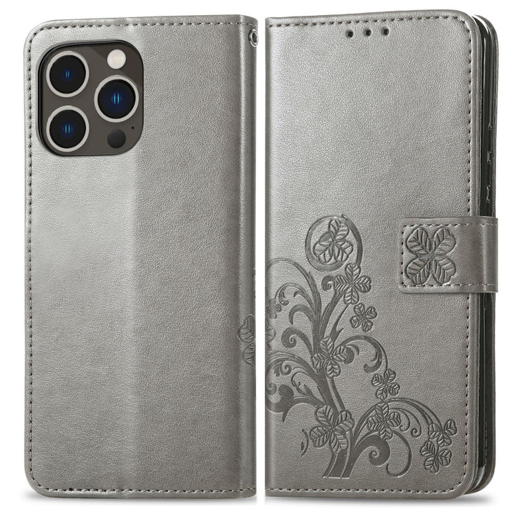 For iPhone 15 Pro Four-leaf Clasp Embossed Buckle Leather Phone Case(Gray) - iPhone 15 Pro Cases by PMC TechLife | Online Shopping South Africa | PMC TechLife