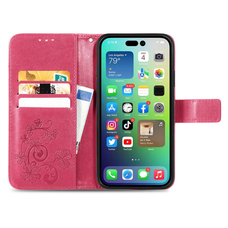 For iPhone 15 Pro Max Four-leaf Clasp Embossed Buckle Leather Phone Case(Magengta) - iPhone 15 Pro Max Cases by PMC TechLife | Online Shopping South Africa | PMC TechLife