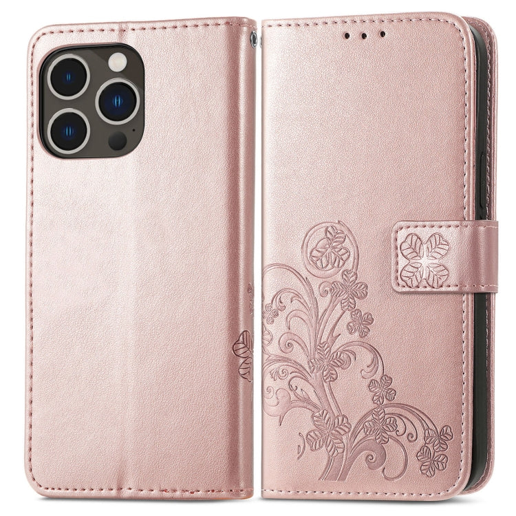 For iPhone 15 Pro Max Four-leaf Clasp Embossed Buckle Leather Phone Case(Rose Gold) - iPhone 15 Pro Max Cases by PMC Jewellery | Online Shopping South Africa | PMC Jewellery