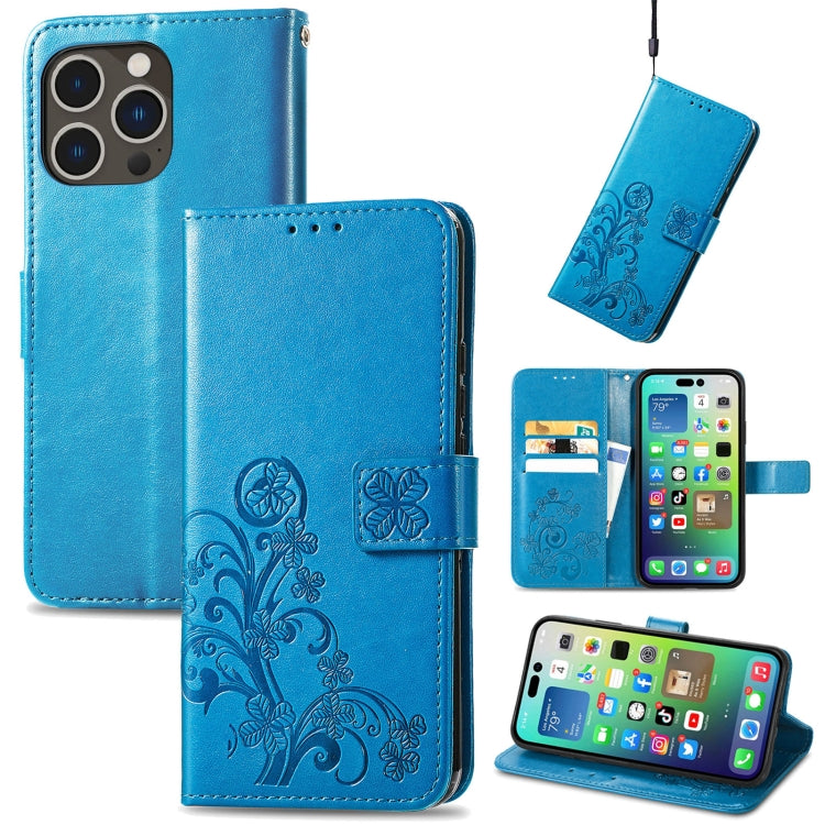 For iPhone 15 Pro Max Four-leaf Clasp Embossed Buckle Leather Phone Case(Blue) - iPhone 15 Pro Max Cases by PMC TechLife | Online Shopping South Africa | PMC TechLife