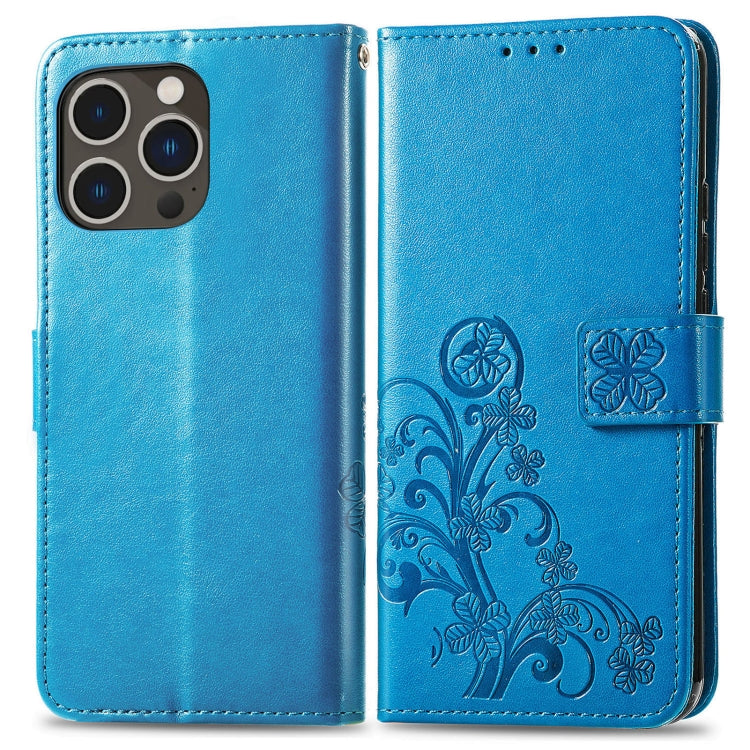 For iPhone 15 Pro Max Four-leaf Clasp Embossed Buckle Leather Phone Case(Blue) - iPhone 15 Pro Max Cases by PMC TechLife | Online Shopping South Africa | PMC TechLife