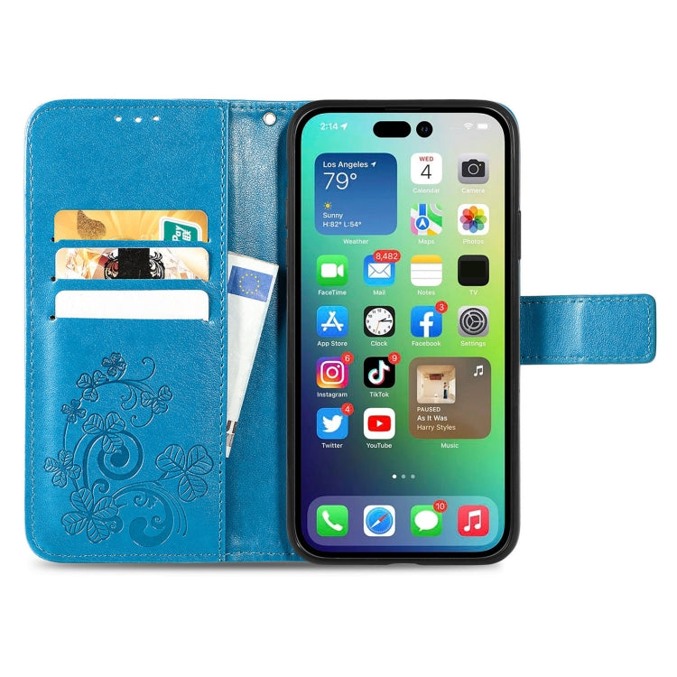 For iPhone 15 Pro Max Four-leaf Clasp Embossed Buckle Leather Phone Case(Blue) - iPhone 15 Pro Max Cases by PMC TechLife | Online Shopping South Africa | PMC TechLife