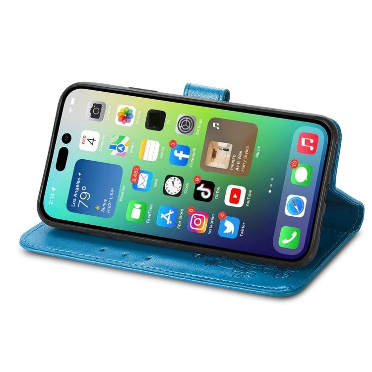For iPhone 15 Pro Max Four-leaf Clasp Embossed Buckle Leather Phone Case(Blue) - iPhone 15 Pro Max Cases by PMC TechLife | Online Shopping South Africa | PMC TechLife