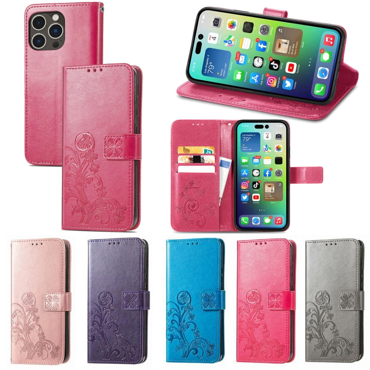 For iPhone 15 Four-leaf Clasp Embossed Buckle Leather Phone Case(Magengta) - iPhone 15 Cases by PMC TechLife | Online Shopping South Africa | PMC TechLife