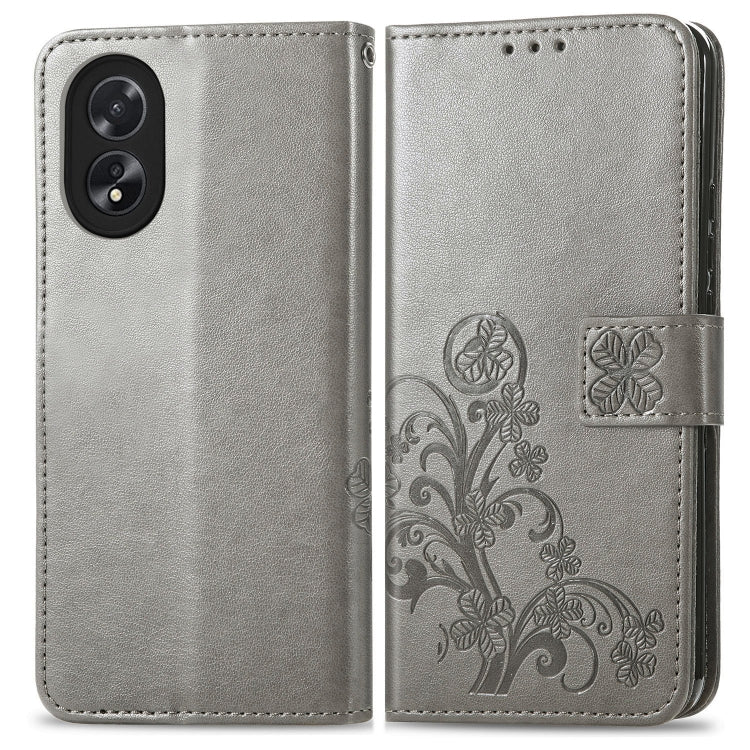 For OPPO A38 Four-leaf Clasp Embossed Buckle Leather Phone Case(Grey) - free shipping - PMC TechLife - Order now!