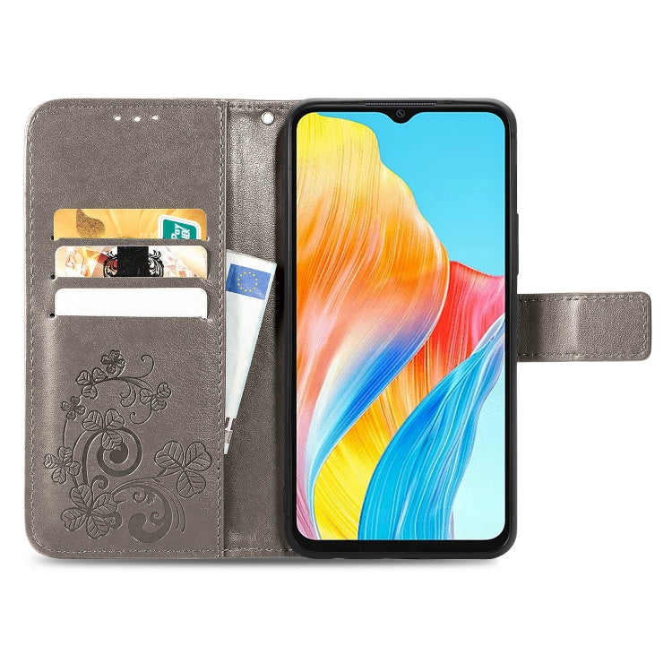 For OPPO A38 Four-leaf Clasp Embossed Buckle Leather Phone Case(Grey) - free shipping - PMC TechLife - Order now!